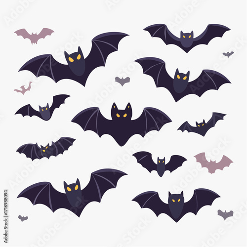 Dynamic arrangement of various stylized flying bats with luminous eyes, perfect for creating eerie Halloween designs, nocturnal themes, or festive spooky season graphics