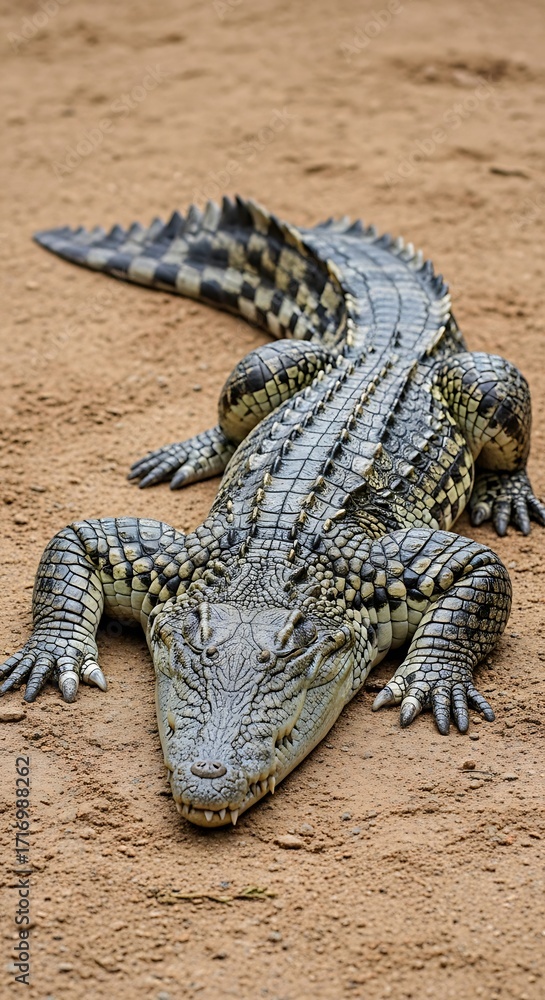 Obraz premium A large crocodile rests on a sandy ground, showcasing its distinctive scales and powerful build.