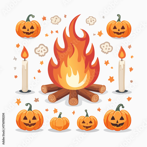 Spooky Halloween night celebration concept with a roaring campfire, smiling pumpkins, and eerie candles