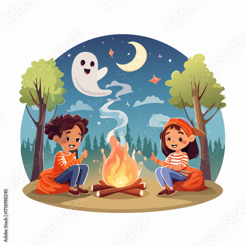 Cartoon illustration of two children enjoying a campfire in the woods, with a friendly ghost emerging from the smoke under a starry night sky