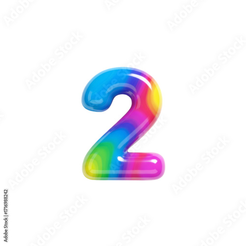 Bold 3D number 2, colorful glossy texture, dynamic shadows, isolated on clean white background, 1:1 ratio, trendy catchy style