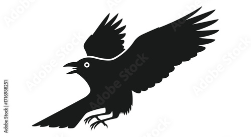 Elegant raven illustration, showcasing bird's majestic flight captured in simple silhouette style on clean white backdrop