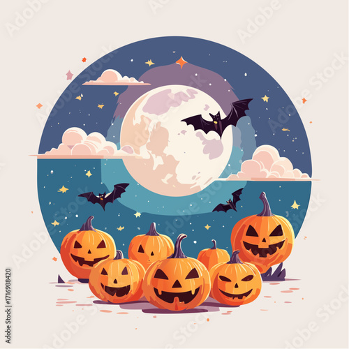 Spooky Halloween Scene Jack-o'-lanterns, Bats, and the Moon Under a Night Sky Celebration
