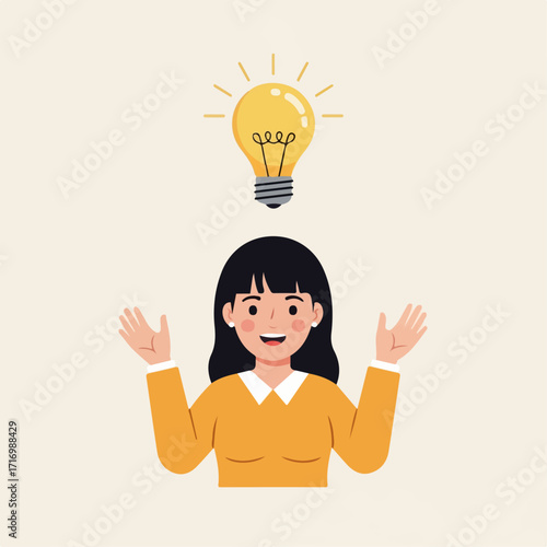 Smiling cartoon woman with black hair orange top hands raised having a bright idea with a glowing lightbulb.