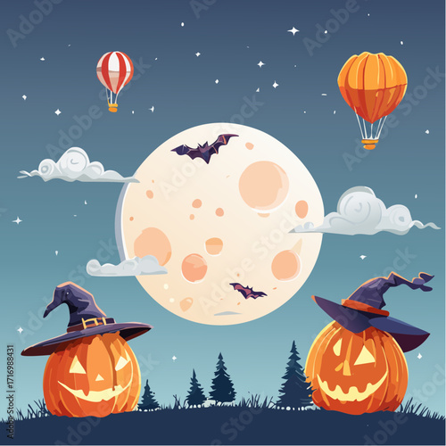 Enchanting Halloween Night with Glowing Jack-o'-Lanterns, a Bright Full Moon, Bats, and Hot Air Balloons in the Cloudy Sky