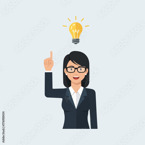 Cartoon businesswoman in a suit and glasses pointing up at a glowing lightbulb symbolizing a moment of inspiration.