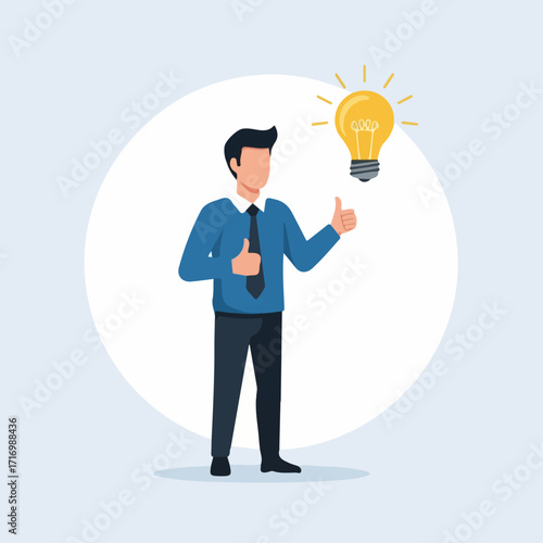 Businessman with Thumbs Up and Glowing Light Bulb Idea.