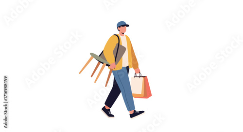 Man walking with shopping bag, chair, and laptop symbolizes modern lifestyle and consumer culture isolated over white background