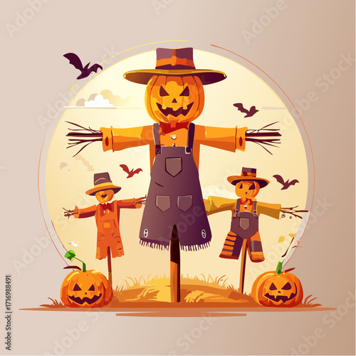 Whimsical Halloween Scarecrows with Pumpkin Heads in an Autumn Field - Festive Seasonal Illustration for Harvest Celebrations