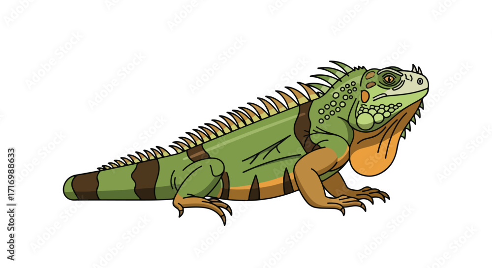 Fototapeta premium Colorful Iguana Illustration with Spikes and Stripes on a Plain Backdrop Depicting Exotic Wildlife and Reptilian Features in Detailed Digital Artwork