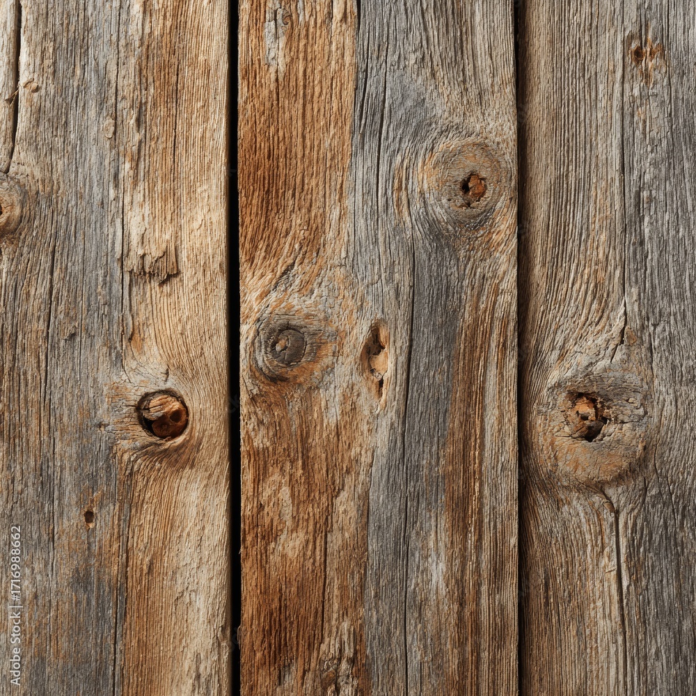 Naklejka premium Close-up of weathered wooden planks, showing intricate textures and knots. The natural grains and colors create a rustic aesthetic.