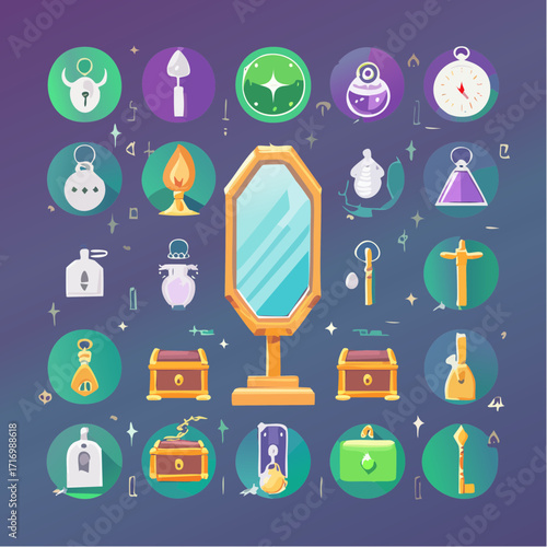Vector illustration of fantasy objects and treasure chests for games or designs
