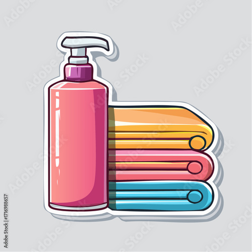 Colorful cartoon sticker of a pink pump bottle for soap or lotion next to a neatly stacked pile of soft, clean towels, representing personal hygiene and relaxation