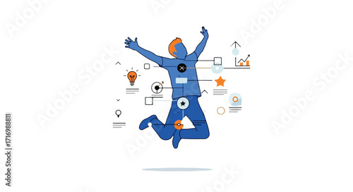 Triumph and innovation vector concept depicting a leaping figure surrounded by symbols showcasing progress and insights showcasing innovative
