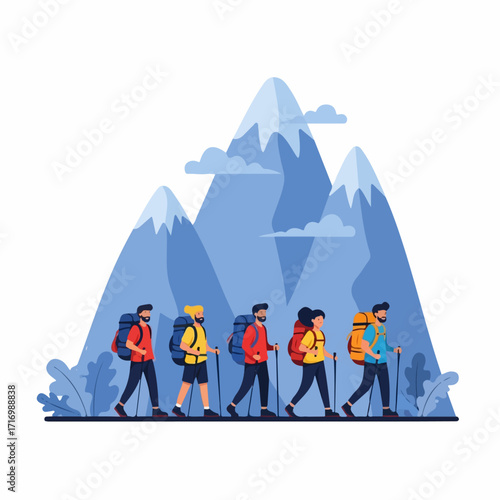 A diverse group of five friends in colorful gear hiking in a line with backpacks and trekking poles.