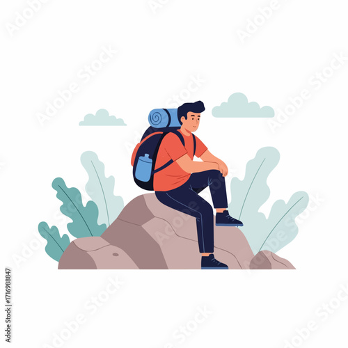 Smiling young male hiker with large backpack and sleeping bag resting on textured rock.