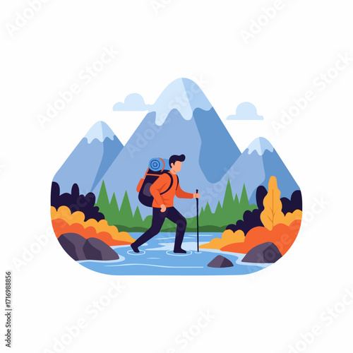 Hiker with Backpack and Trekking Pole Crossing Stream in Mountain Landscape.