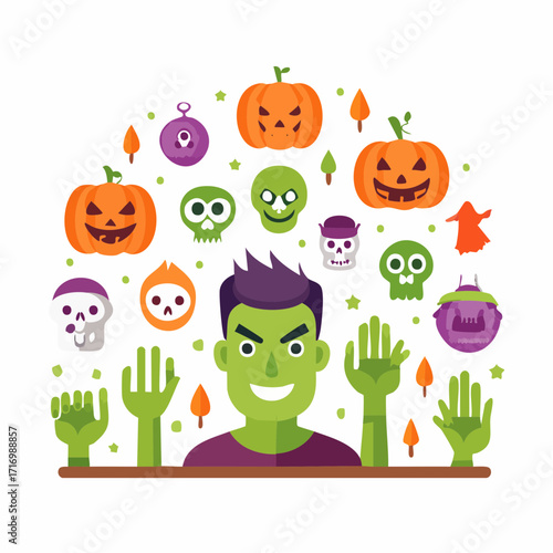 Spooky Halloween Vector Illustration with Pumpkins, Skulls, and a Zombie Character