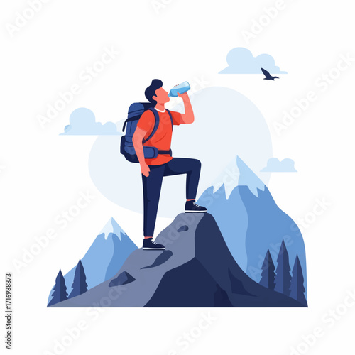 Thirsty male hiker in orange shirt and blue backpack drinking water from bottle flat design.