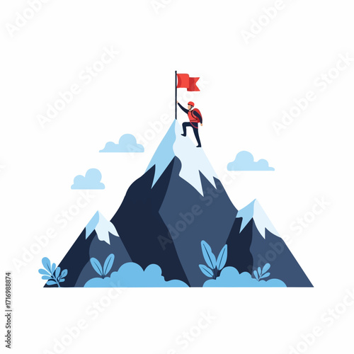 Victorious climber with a red flag standing on a snowy mountain peak a symbol of success.