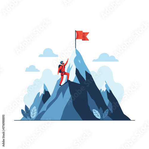 Climber Reaching Peak with Red Flag on Snowy Mountain.