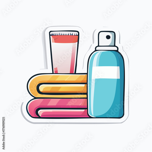 Vibrant sticker illustration of essential personal care items. Soft towels, a cosmetic tube, and a refreshing spray bottle, perfect for daily hygiene and self-care routines
