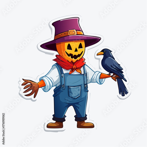 Whimsical autumn sticker of a cheerful pumpkin scarecrow, dressed in overalls and a hat, gently holding a black crow, ideal for Halloween and harvest season designs