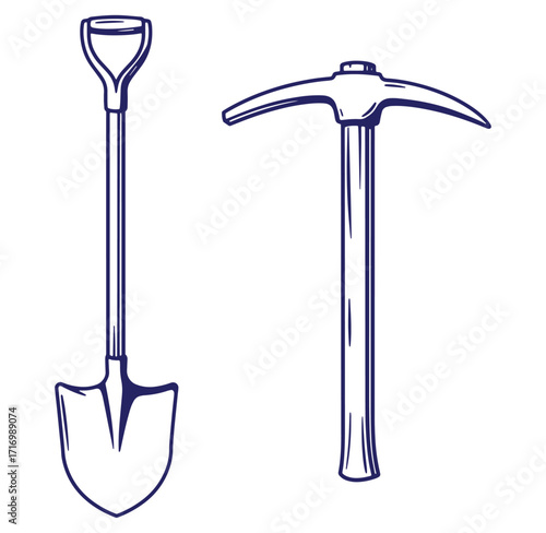 Hand drawn shovel and pickaxe tools vector illustration isolated on white background