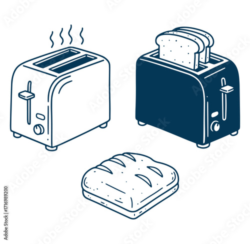 Illustrated duo tone toaster with bread and steam design on white background