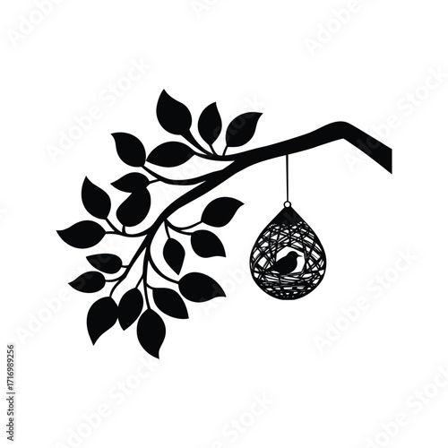 Black and white silhouette hanging bird nests