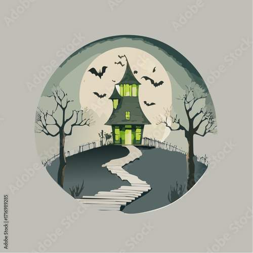 A mysterious haunted manor sits atop a lonely hill, silhouetted against a luminous full moon on a spooky night