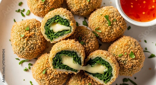 Crispy, golden-brown spinach and cheese balls, served on a white plate with a side of chili sauce.