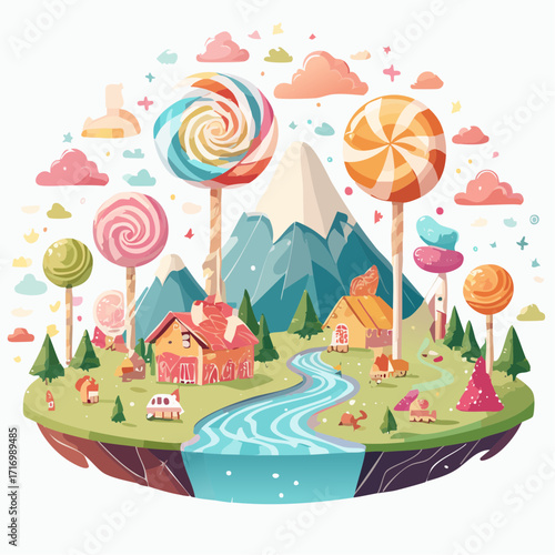 Dreamy illustration of a whimsical candy land, featuring a magical village with giant sweets and a sugary river
