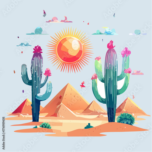 Vibrant desert landscape featuring cacti, pyramids, and a blazing sun under a pastel sky