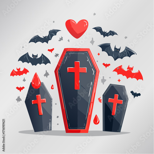 Halloween-themed illustration with coffins, bats, heart, and drops of blood, a spooky design