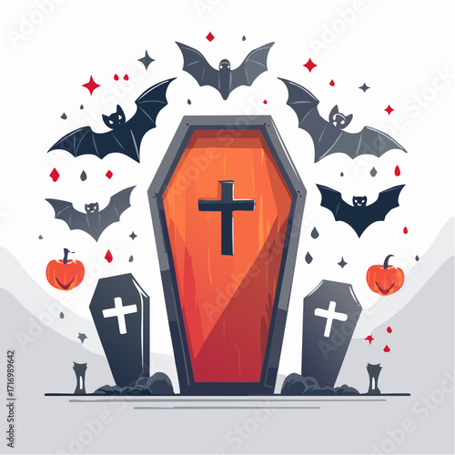 Happy Halloween spooky illustration featuring bats, pumpkins, coffins, and a cross on a white background for your festive designs