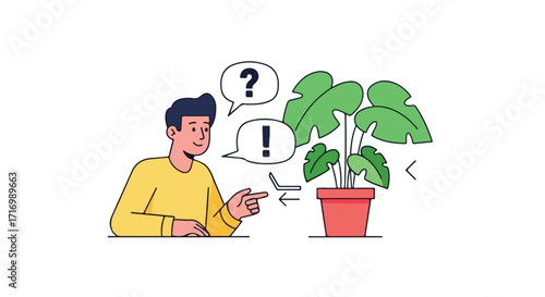 Illustrated botanical confusion: Questioning the needs of a potted monstera plant with expressions