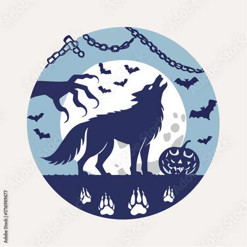 Mythical werewolf howling at the full moon in a spooky Halloween night illustration with a jack-o-lantern and bats