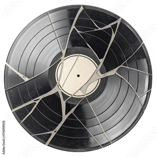 Symbolic broken vinyl record shattered into pieces representing music loss, nostalgia, or a past era fading away