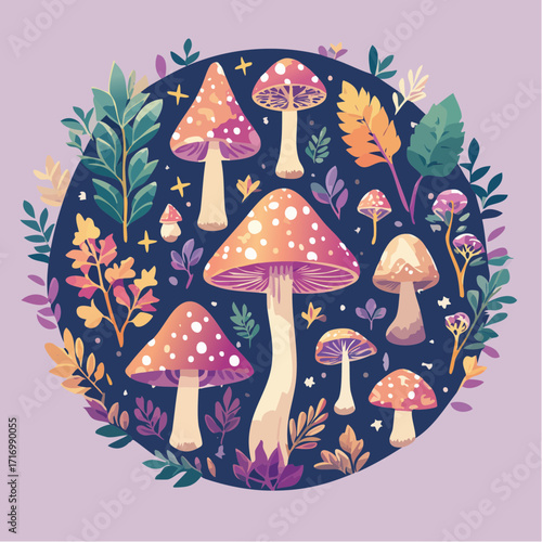 Whimsical illustration of magical spotted mushrooms and enchanted forest foliage in a circular composition