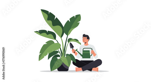 Man enjoying the art of planting and caring for a verdant houseplant in a peaceful setting indoor environment promoting healthy well being and