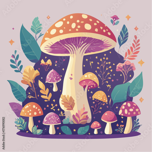 Whimsical enchanted forest illustration featuring a collection of magical mushrooms and delicate foliage, creating a serene and captivating natural scene for fantasy-inspired designs