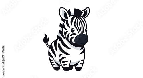 Adorable cartoon zebra standing, isolated on white background, a cute animal with stripes and friendly facial expression, illustration for kids book