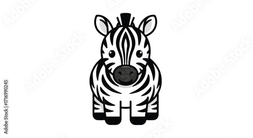Adorable zebra cartoon character with black and white stripes standing in the center of a white background cute and joyful