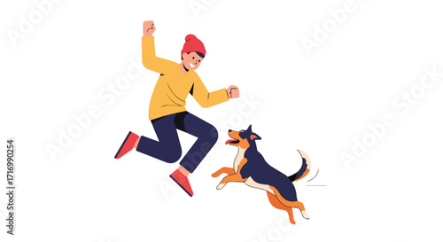 Joyful moment of a person leaping with their dog, a colorful illustration that captures the essence of companionship and happiness between people