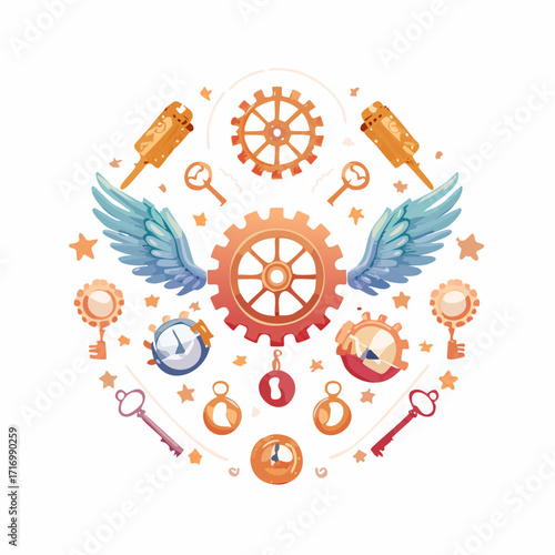 Steampunk Gears, Wings, Keys and Time Elements Vector Illustration in a Circular Composition