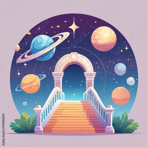 A majestic staircase ascends through an ornate archway, revealing a breathtaking cosmic vista with vibrant planets and sparkling stars, symbolizing a journey into universal discovery