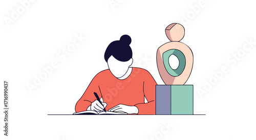 Faceless muse crafting narrative inspiration, artist jotting notes adjacent a modern sculpture, a blend of creativity and artistic endeavor