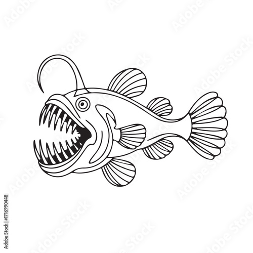 Continuous Simple black line art drawing of a Anglerfish in a minimalist style on a white background.