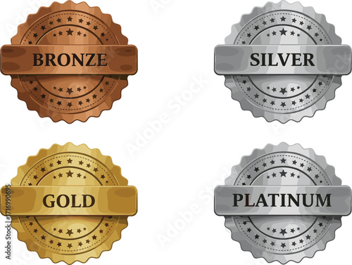 Award Badge Vector Set Featuring Bronze, Silver, Gold, and Platinum Medals with Ribbons and Stars for Ranking, Loyalty, Achievement Themes